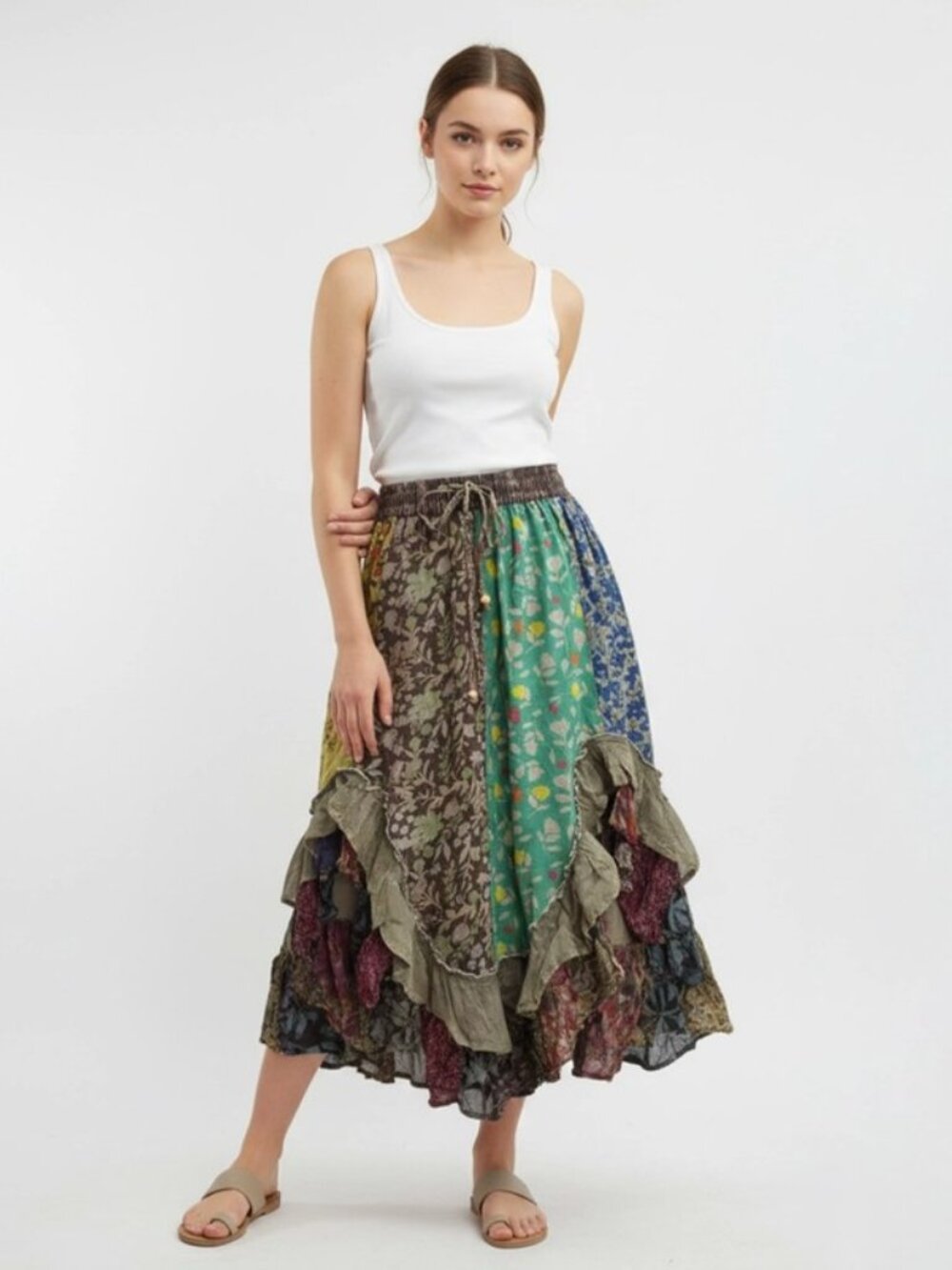 Young Threads Boho Mid-Length Skirt with Rayon Print in Gravel Size L